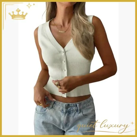 Sleeveless V-Neck Cropped Sweater Vest Button Front Lightweight Stretch Knit - Picture 5 of 5